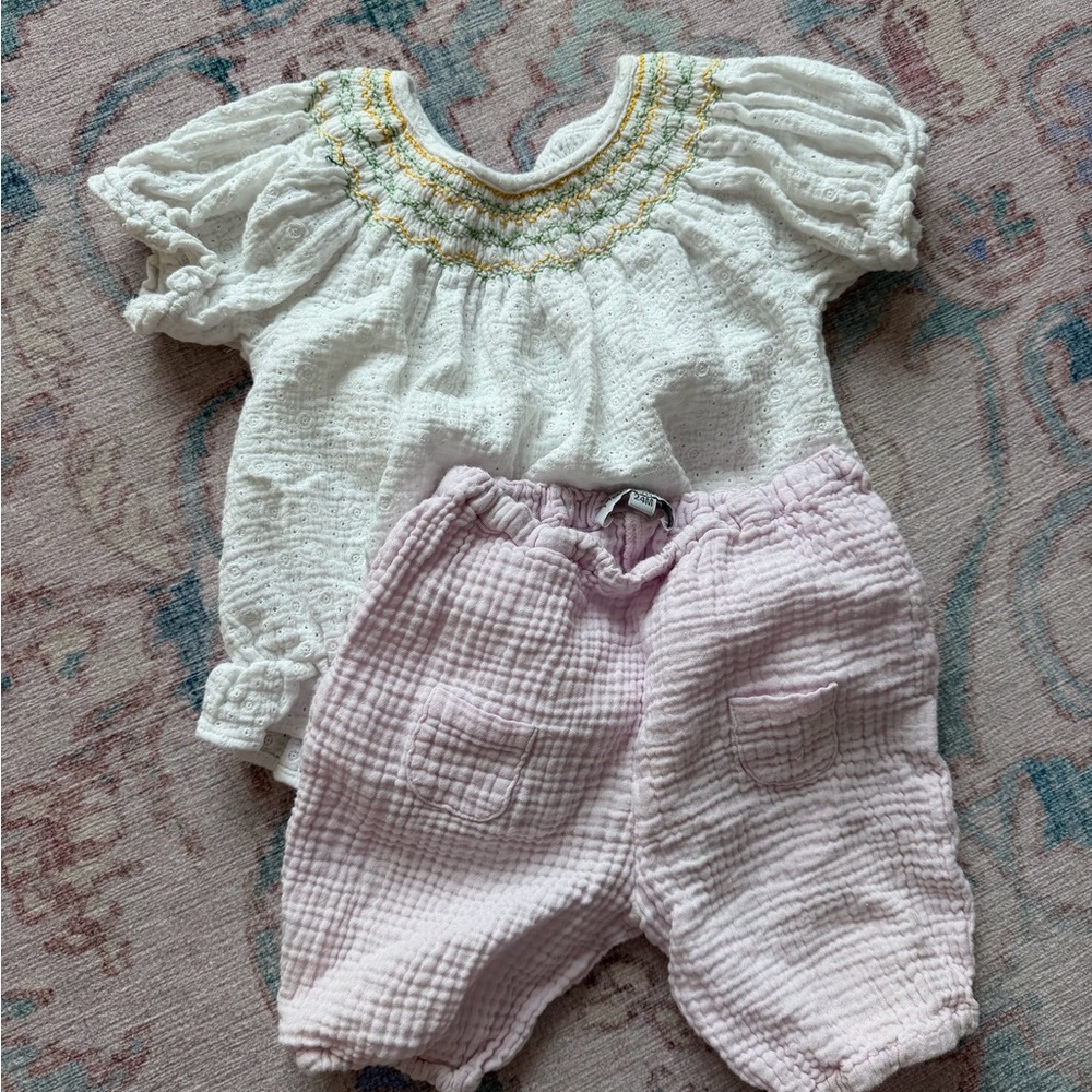 Marie Puce Outfit Set White Smocked Top and Light Pink Gauze Shorts Set
